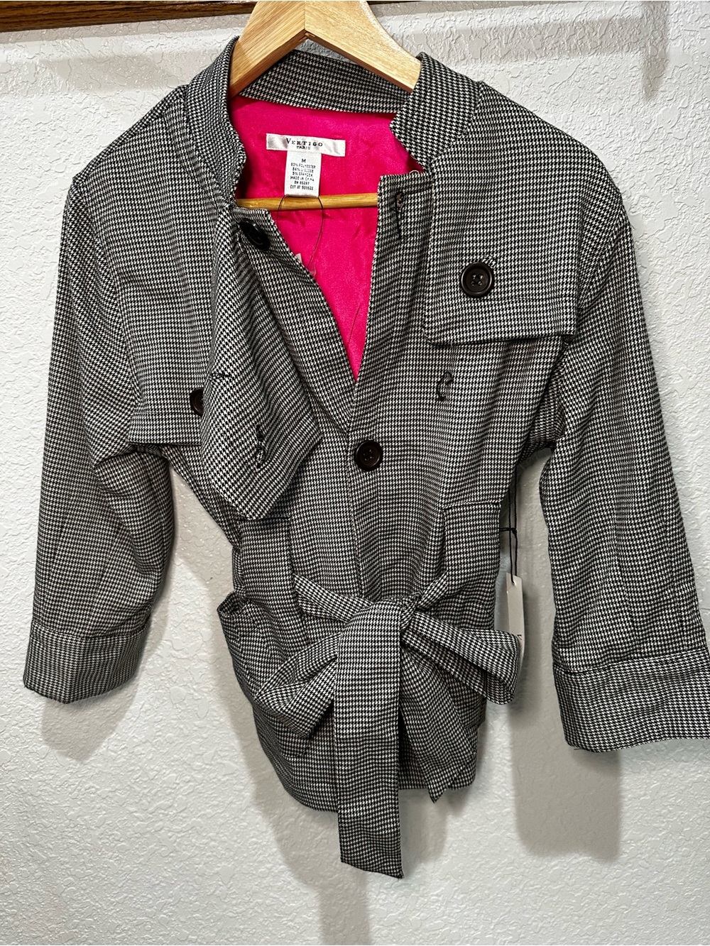 Vertigo Paris Houndstooth Tie-Waist Trench Coat - Black & White with Pink Lining